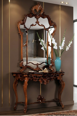 Console + Miroir Designer Table console Table en bois Console de luxe Ensemble de 2 pièces.