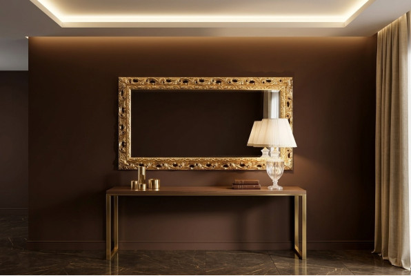 Miroir mural de meuble en miroir doré en bois du designer italien classique.