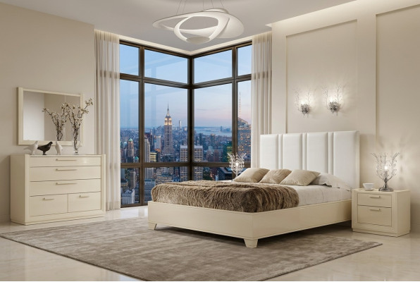 Suite de chambre à coucher Lit Table de chevet Commode Miroir Luxe Bois Design 5 pièces