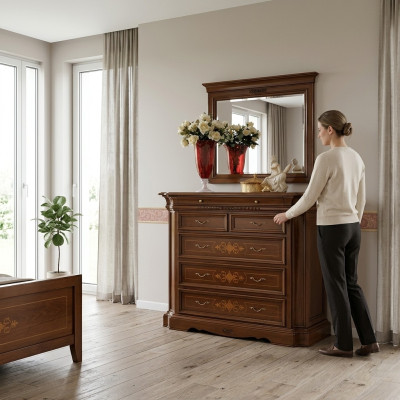 Commode en bois massif avec miroir Buffet Commodes Ensemble de meubles italiens 2 pièces.