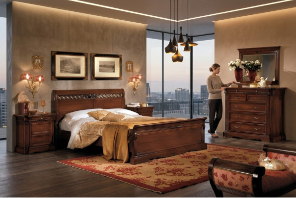 Ensemble de 5 pièces de mobilier de chambre à coucher : lit 2 tables de chevet commode avec miroir marron neuf