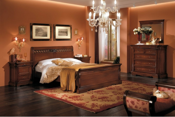 Ensemble de 5 pièces de mobilier de chambre à coucher : lit 2 tables de chevet commode avec miroir marron neuf