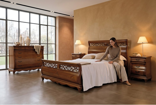 Lit en bois Lit double Mobilier de chambre Lit Bois massif Brun Mobilier italien
