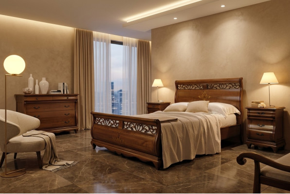 Lit en bois Lit double Mobilier de chambre Lit Bois massif Brun Mobilier italien
