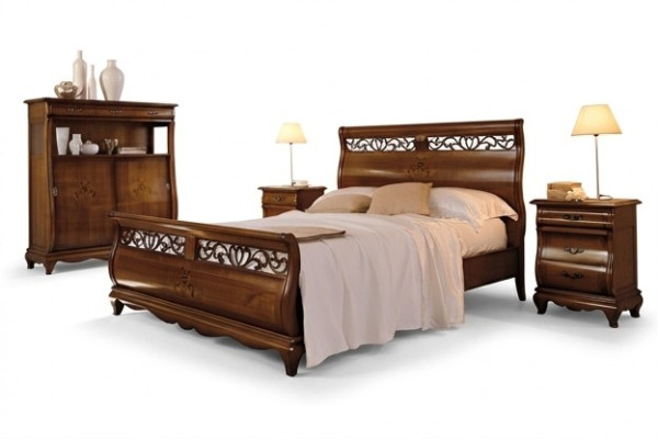 Lit en bois Lit double Mobilier de chambre Lit Bois massif Brun Mobilier italien