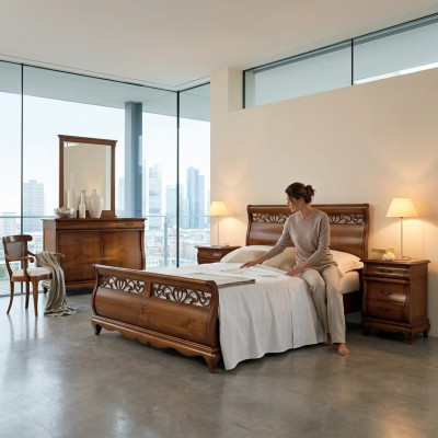 Set de chambre à coucher 4 pièces. Lit 2 tables de chevet Commode Bois massif Mobilier design