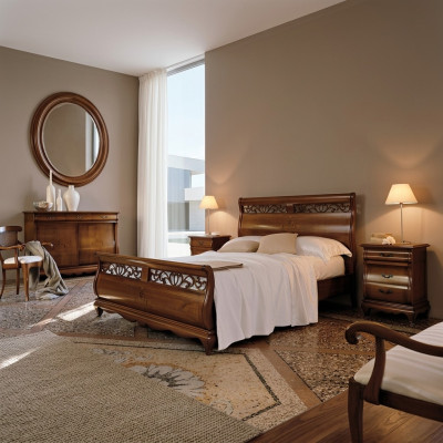 Set de chambre à coucher 4 pièces. Lit 2 tables de chevet Commode Bois massif Mobilier design