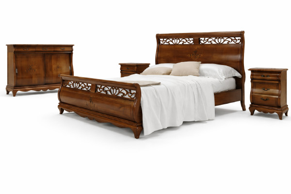 Set de chambre à coucher 4 pièces. Lit 2 tables de chevet Commode Bois massif Mobilier design
