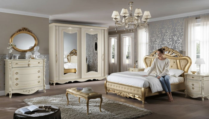 Lit double Chambre Mobilier Armoire Table de chevet avec tiroirs Commode 5 pièces