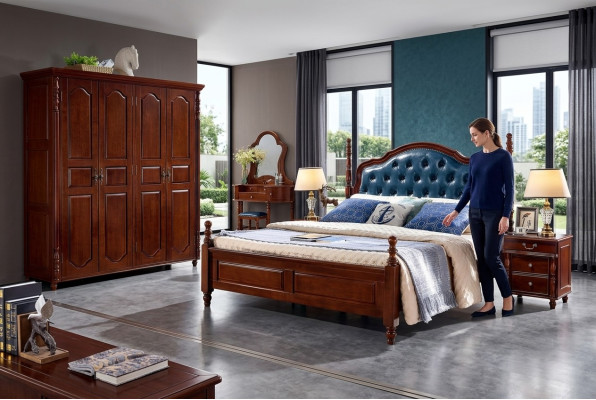 Chambre à coucher Ensemble 4 pièces Lit classique + 2 tables de chevet Armoire