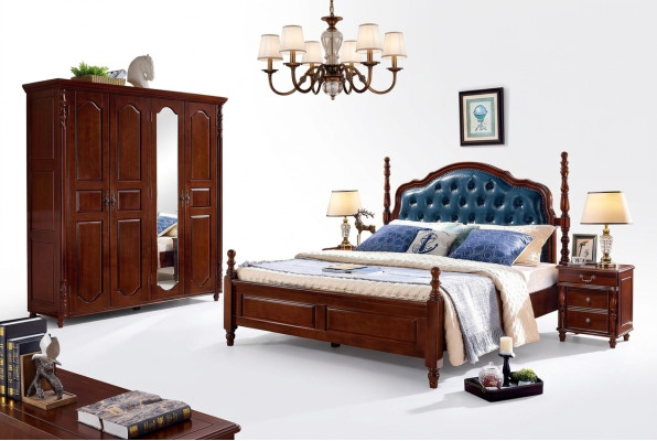 Chambre à coucher Ensemble 4 pièces Lit classique + 2 tables de chevet Armoire