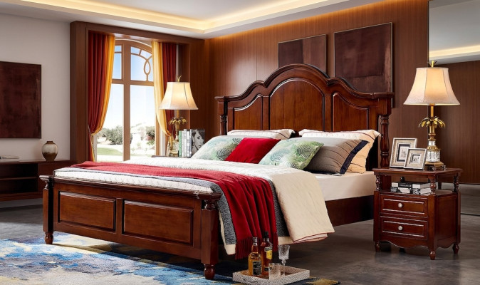 Classique Lit double Chambre Lit Mobilier Bois Lits Massif Marron