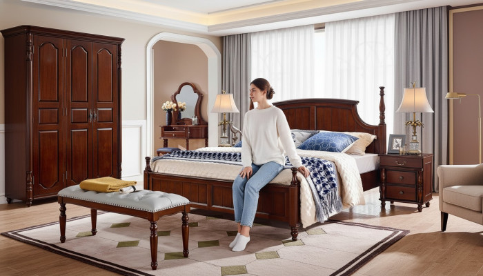 Lits Lit double solide Meubles en bois de lit Conception classique de chambre