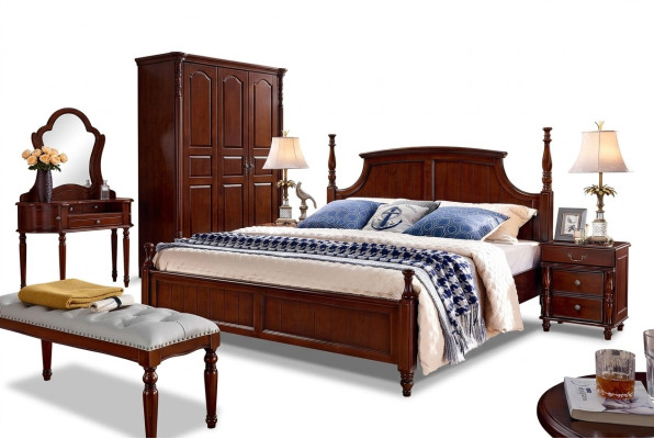 Lits Lit double solide Meubles en bois de lit Conception classique de chambre