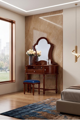 Mobilier classique en bois massif, ensemble de luxe de 2 pièces pour chambre à coucher avec coiffeuse et tabouret