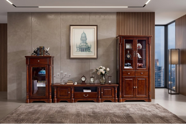 Unité murale design, buffet bas TV, armoire à deux vitrines en 3 pièces. Ensemble de style classique