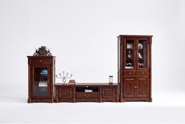 Unité murale design, buffet bas TV, armoire à deux vitrines en 3 pièces. Ensemble de style classique