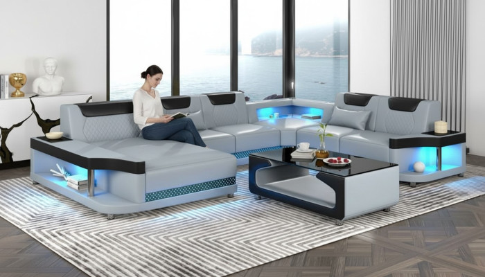 Canapé d'angle en forme de U + Table basse. Mobilier de salon moderne. Canapé d'angle Design.