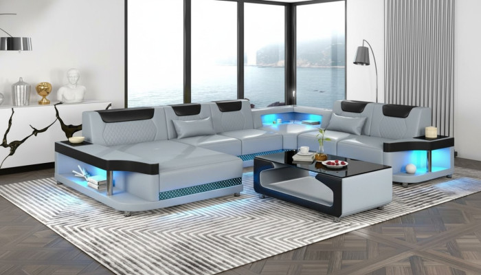 Canapé d'angle en forme de U + Table basse. Mobilier de salon moderne. Canapé d'angle Design.