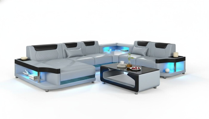 Canapé d'angle en forme de U + Table basse. Mobilier de salon moderne. Canapé d'angle Design.