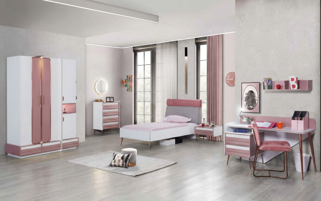 Complete Set de chambre d'enfants pour jeunes Table Lit Armoire Commode 5 pièces