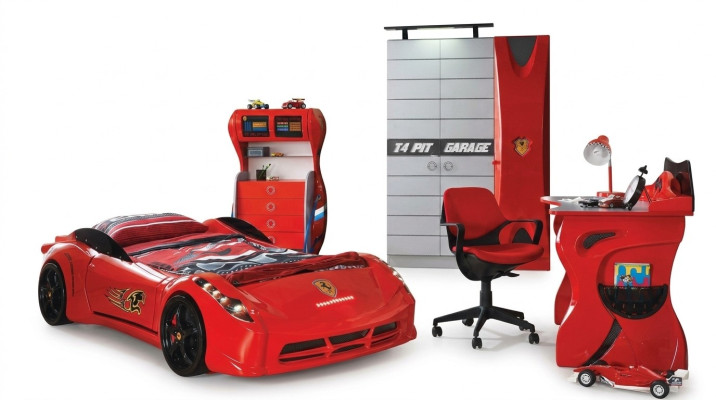 Chambre d'enfant Ensemble de voiture Lit Armoire Commode Bureau Garçon Mobilier 4 pièces