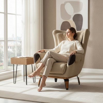 Fauteuil Siège Classique TV Salon Rembourrage Fauteuil Tissu Beige