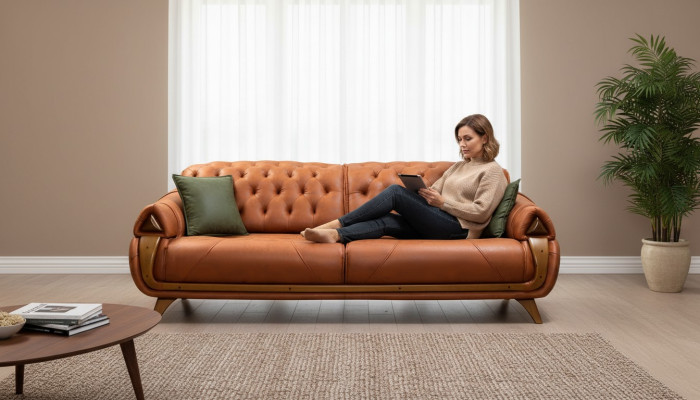 Un canapé-lit trois places de luxe en tissu classique pour trois personnes.