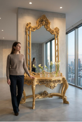 Luxueuse console et miroir ciselés dans un cadre élégant.