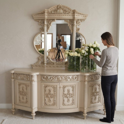 Commode Buffet Commodes Miroir Ensemble Bois Massif Meubles Italiens Style Antique