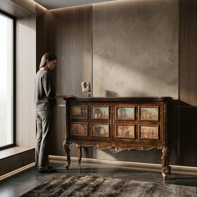 Magnifique buffet avec des images de bâtiments architecturaux sur les façades.