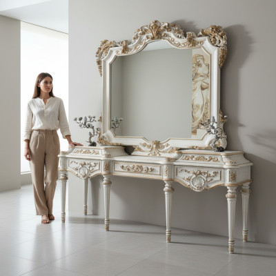 Table console blanche luxueuse et miroir avec cadre sculpté