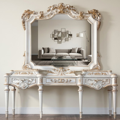 Table console blanche luxueuse et miroir avec cadre sculpté