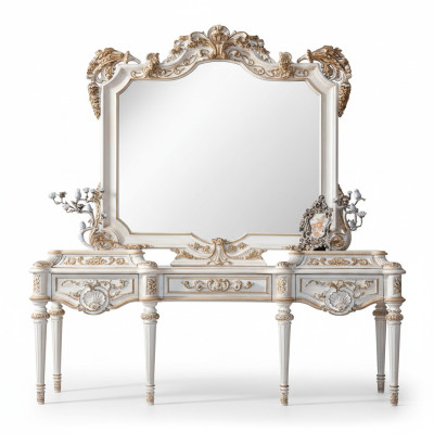 Table console blanche luxueuse et miroir avec cadre sculpté