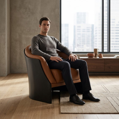 Fauteuil Salon Chaise Bois Salle à manger Fauteuils Siège unique Cuir Italie neuf