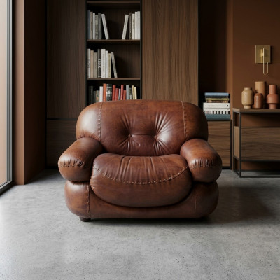 Fauteuil en cuir vintage Salon Revêtement en cuir véritable Meuble italien neuf