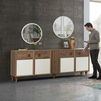 Commode Tiroirs Bois Buffet Miroir Massif Salon Commodes