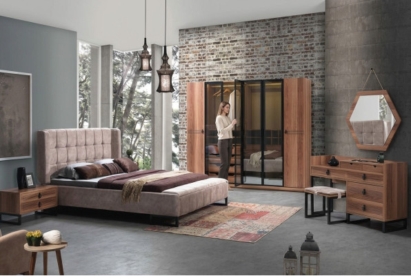 Ensemble de chambre à coucher 5 pièces. Lit de luxe 2x Table de chevet Commode Armoire Bois neuf