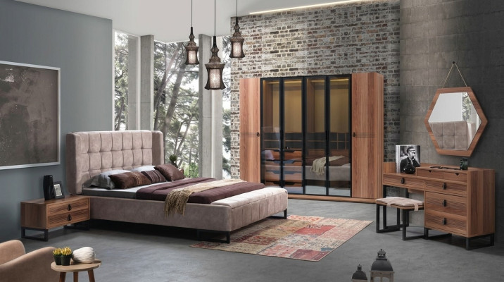 Ensemble de chambre à coucher 5 pièces. Lit de luxe 2x Table de chevet Commode Armoire Bois neuf