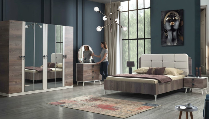 Chambre complète Lit Tabouret Coiffeuse Armoire Table de chevet 5 pièces.