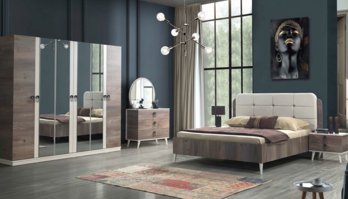 Chambre complète Lit Tabouret Coiffeuse Armoire Table de chevet 5 pièces.