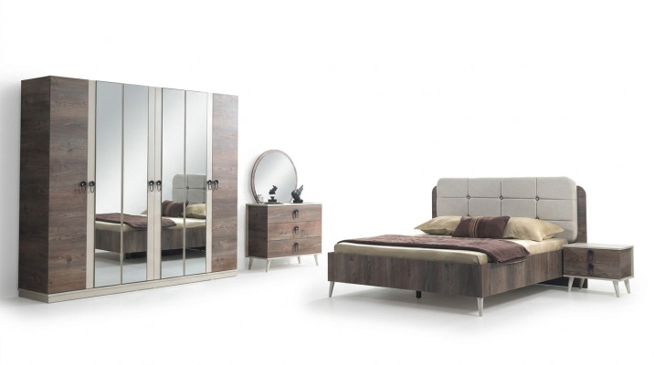 Chambre complète Lit Tabouret Coiffeuse Armoire Table de chevet 5 pièces.