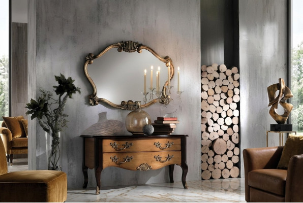 Miroir mural italien classique avec feuilles de bronze designer, baroque.