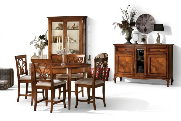 Salle à manger Ensemble Suite Chaises 4x Vitrine Groupe Ensemble de salle à manger Vitrines 7 pièces. Commode