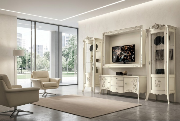 Ensemble de 4 pièces pour salon : meuble TV, vitrine TV, buffet, armoire, table de salon, mobilier en bois pour salon.
