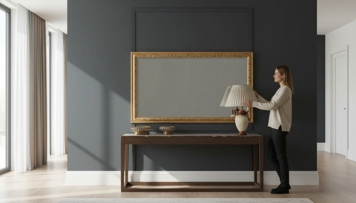 Miroir mural classique italien d'un designer en bois doré nouvellement meublé