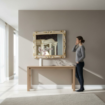 Miroir design classique en Italie avec support en bois, neuf.