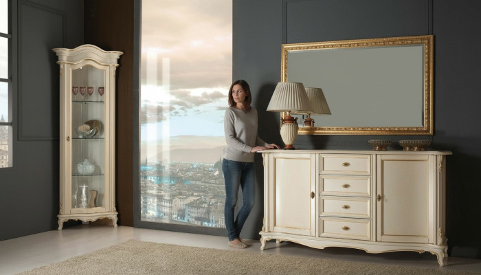 Salle de séjour Vitrine Armoire Commode Italie Miroir Classique ensemble 3 pièces Blanc neuf