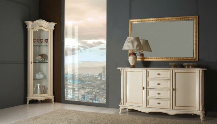 Salle de séjour Vitrine Armoire Commode Italie Miroir Classique ensemble 3 pièces Blanc neuf