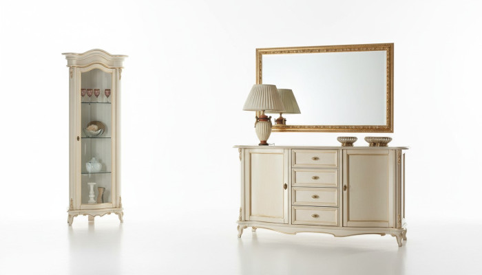 Salle de séjour Vitrine Armoire Commode Italie Miroir Classique ensemble 3 pièces Blanc neuf